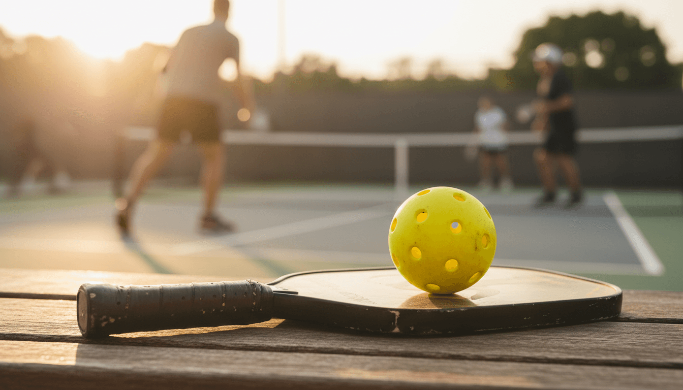 Close-up of pickleball paddle and ball on court bench with players practicing in background