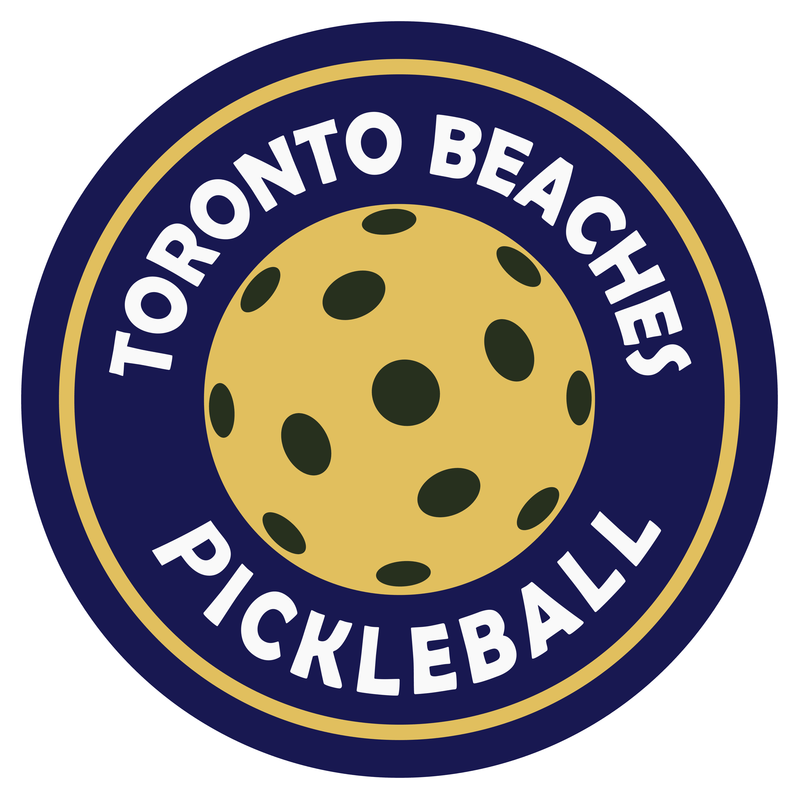 Toronto Beaches Pickleball circular logo featuring a yellow pickleball and white text on dark blue.